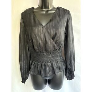 Japna Smocked Surplice Top XS Black Silver Metallic Stripe Sheer Long Sleeve